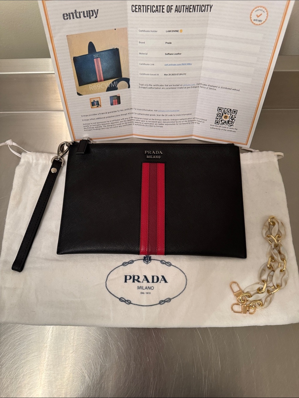 Prada Black Clutch with Red Stripe